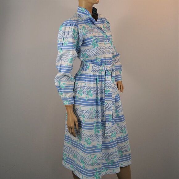 Vintage Tanner Dress 80s USA Button Front Belted Blue White Striped - Picture 6 of 12